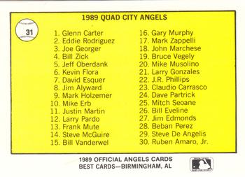 1989 Best Quad City Angels #31 Team logo / Checklist  Back