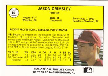 1989 Best Reading Phillies #10 Jason Grimsley  Back