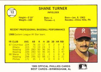1989 Best Reading Phillies #12 Shane Turner  Back