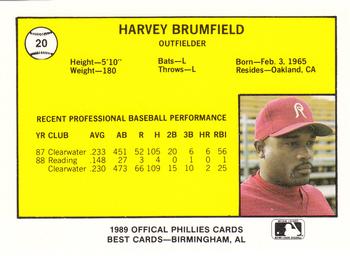 1989 Best Reading Phillies #20 Harvey Brumfield  Back