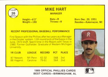 1989 Best Reading Phillies #26 Mike Hart Back
