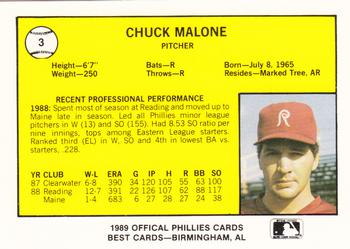 1989 Best Reading Phillies #3 Chuck Malone  Back