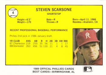 1989 Best Reading Phillies #4 Steve Scarsone  Back