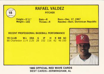 1989 Best Riverside Red Wave #18 Rafael Valdez  Back