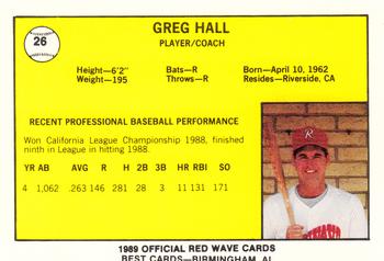 1989 Best Riverside Red Wave #26 Greg Hall Back