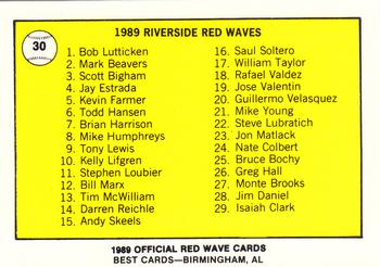 1989 Best Riverside Red Wave #30 Team logo / Checklist  Back