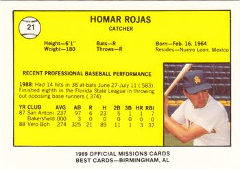 1989 Best San Antonio Missions #21 Homar Rojas  Back