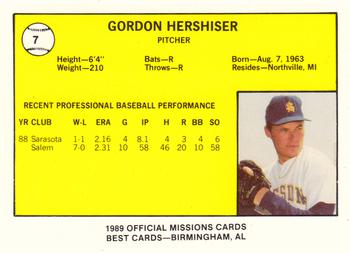 1989 Best San Antonio Missions #7 Gordon Hershiser  Back