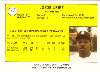 1989 Best San Bernardino Spirit #12 Jorge Uribe  Back