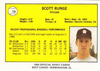 1989 Best San Bernardino Spirit #19 Scott Runge  Back