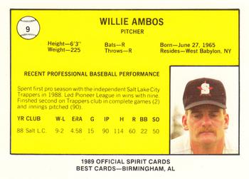 1989 Best San Bernardino Spirit #9 Willie Ambos  Back