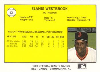 1989 Best San Jose Giants #13 Elanis Westbrooks  Back