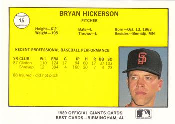 1989 Best San Jose Giants #15 Bryan Hickerson  Back