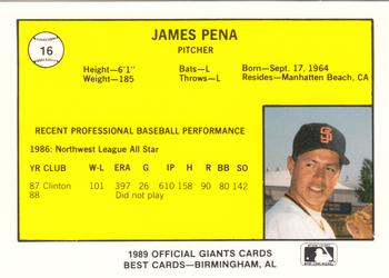 1989 Best San Jose Giants #16 James Pena  Back