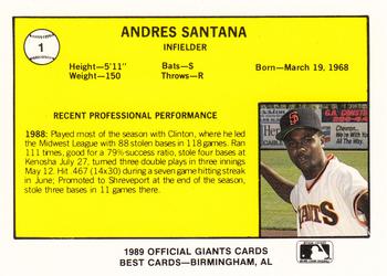 1989 Best San Jose Giants #1 Andres Santana  Back