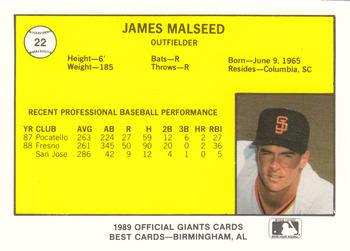 1989 Best San Jose Giants #22 James Malseed  Back