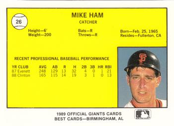 1989 Best San Jose Giants #26 Mike Ham  Back