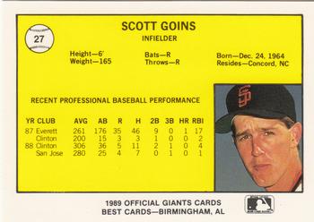 1989 Best San Jose Giants #27 Scott Goins  Back