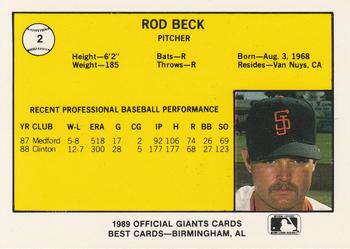 1989 Best San Jose Giants #2 Rod Beck  Back