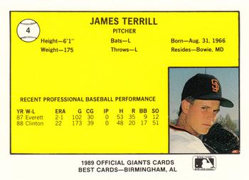 1989 Best San Jose Giants #4 James Terrill  Back