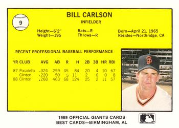 1989 Best San Jose Giants #9 Bill Carlson  Back