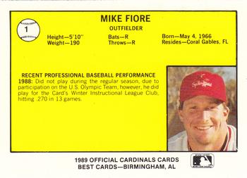 1989 Best Springfield Cardinals #1 Mike Fiore  Back