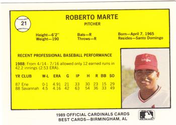1989 Best Springfield Cardinals #21 Roberto Marte  Back