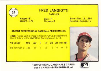 1989 Best Springfield Cardinals #24 Fred Langiotti  Back