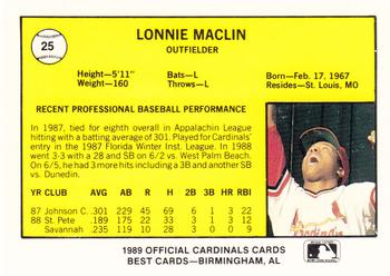 1989 Best Springfield Cardinals #25 Lonnie Maclin  Back