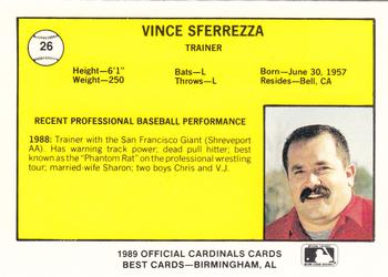 1989 Best Springfield Cardinals #26 Vince Sferrazza Back