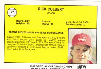 1989 Best Springfield Cardinals #27 Rick Colbert Back