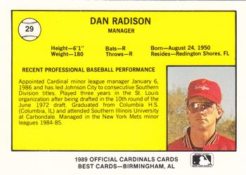 1989 Best Springfield Cardinals #29 Dan Radison Back