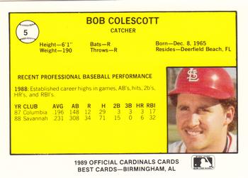 1989 Best Springfield Cardinals #5 Bob Colescott  Back