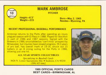 1989 Best Stockton Ports #10 Mark Ambrose  Back