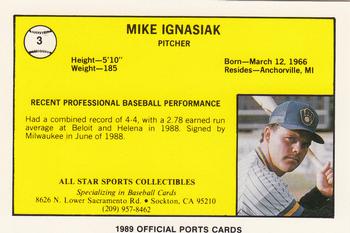 1989 Best Stockton Ports #3 Mike Ignasiak  Back