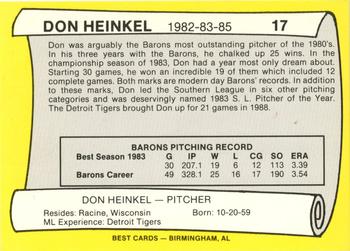 1990 Best Birmingham Barons All Decade #17 Don Heinkel  Back