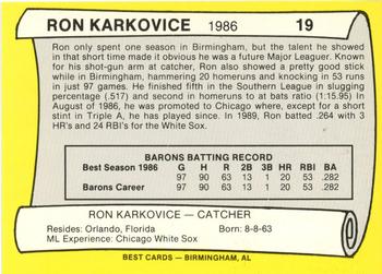 1990 Best Birmingham Barons All Decade #19 Ron Karkovice  Back
