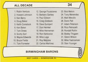 1990 Best Birmingham Barons All Decade #34 Checklist  Back