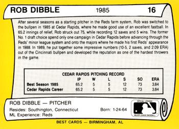 1990 Best Cedar Rapids Reds All Decade #16 Rob Dibble  Back