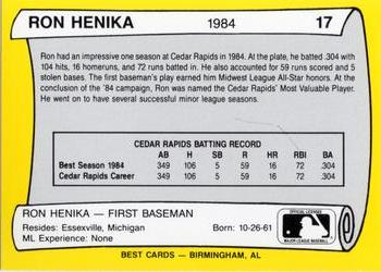 1990 Best Cedar Rapids Reds All Decade #17 Ron Henika  Back
