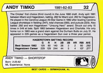 1990 Best Hagerstown Suns All Decade #32 Andy Timko  Back