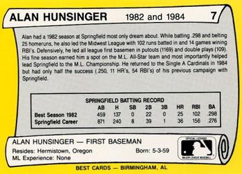 1990 Best Springfield Cardinals All Decade #7 Alan Hunsinger  Back