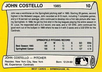 1990 Best Springfield Cardinals All Decade #10 John Costello  Back