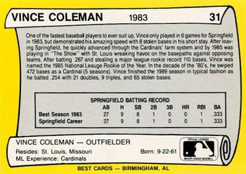 1990 Best Springfield Cardinals All Decade #31 Vince Coleman  Back