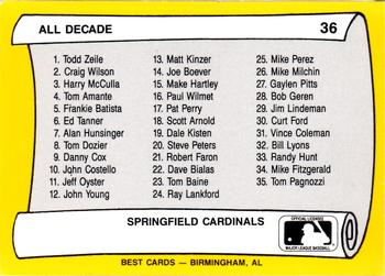 1990 Best Springfield Cardinals All Decade #36 Checklist  Back