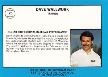 1989 Best Birmingham Barons - Platinum #25 Dave Wallwork Back