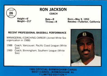 1989 Best Birmingham Barons - Platinum #26 Ron Jackson Back