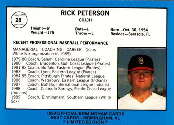 1989 Best Birmingham Barons - Platinum #28 Rick Peterson Back