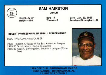 1989 Best Birmingham Barons - Platinum #29 Sam Hairston Back