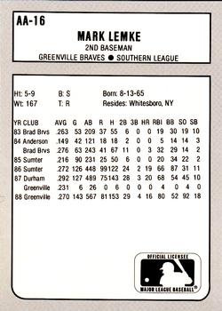 1988 Best Baseball America AA Top Prospects #AA16 Mark Lemke Back